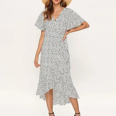 Women Elegant Vacation Bohemian Spring V-Neck Irregular Hem High Waist Bandage Chiffon All Over Print Dress