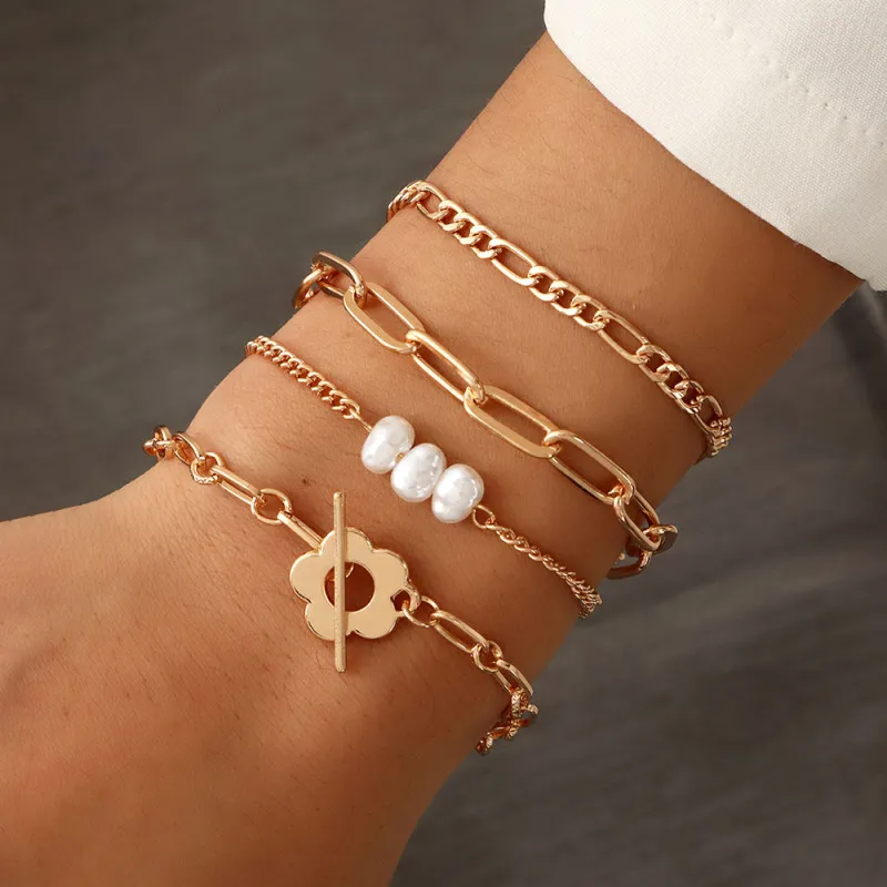 Geometric Flower Pearl Alloy Bracelet Set for Women