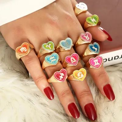 Vintage Heart-shaped Twelve Zodiac Pattern Two-tone Alloy Opening Ring