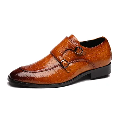 Men Business Pointed-Toe Solid Color Crocodile Pattern Leather Square Toe Oxfords