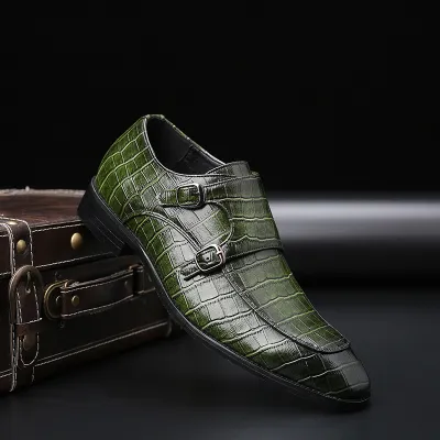 Men Business Pointed-Toe Solid Color Crocodile Pattern Leather Square Toe Oxfords