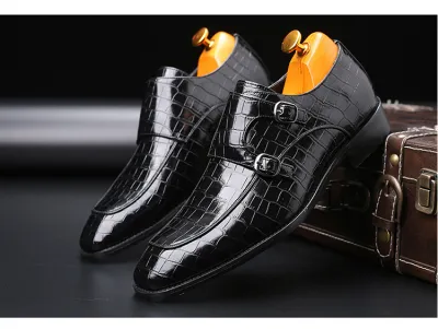 Men Business Pointed-Toe Solid Color Crocodile Pattern Leather Square Toe Oxfords