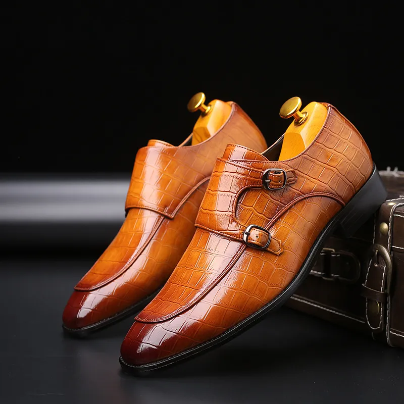 Men Business Pointed-Toe Solid Color Crocodile Pattern Leather Square Toe Oxfords