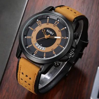 Men Hot Casual All-match PU Band Quartz Watch