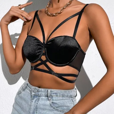 Women Sexy Night Out Solid Color Cut Out Sleeveless See-through Lace Up Crop Camisole