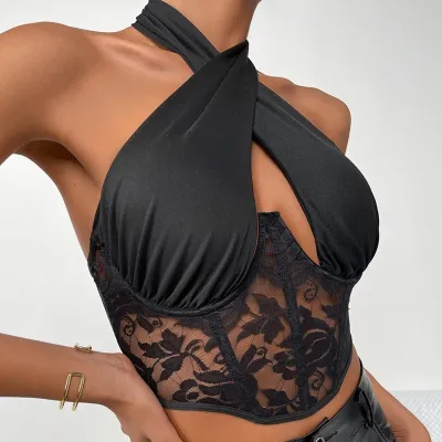 Women Sexy Night Out Lace Halter Neck Backless Crop Tank Top