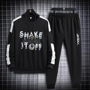 Men Plus Size Casual Long Sleeve Round Neck Letter Printed Sweatshirt And Jogger Pants Two-piece Set