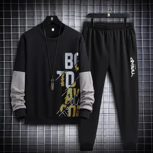 Men Plus Size Casual Long Sleeve Round Neck Letter Printed Sweatshirt And Jogger Pants Two-piece Set