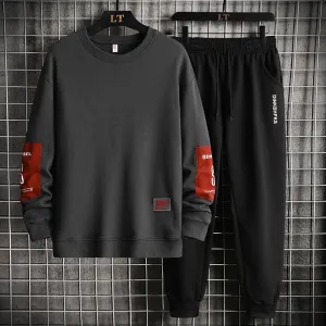 Men Plus Size Casual Long Sleeve Round Neck Letter Printed Applique Sweatshirt And Drawstring Waist Jogger Pants Two-piece Set