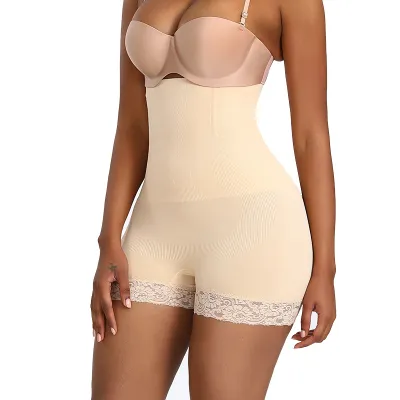 Women Sexy Solid Color Lace Patchwork High-Waisted Shapewear