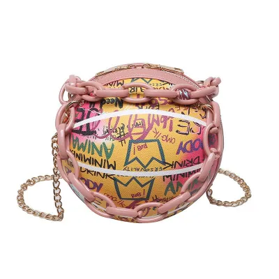 Graffiti Basketball Women Creative Chain Color Blocking Letter Pattern PU Shoulder Handle Bag