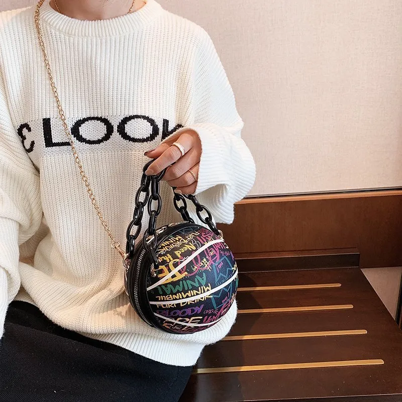 Graffiti Basketball Women Creative Chain Color Blocking Letter Pattern PU Shoulder Handle Bag