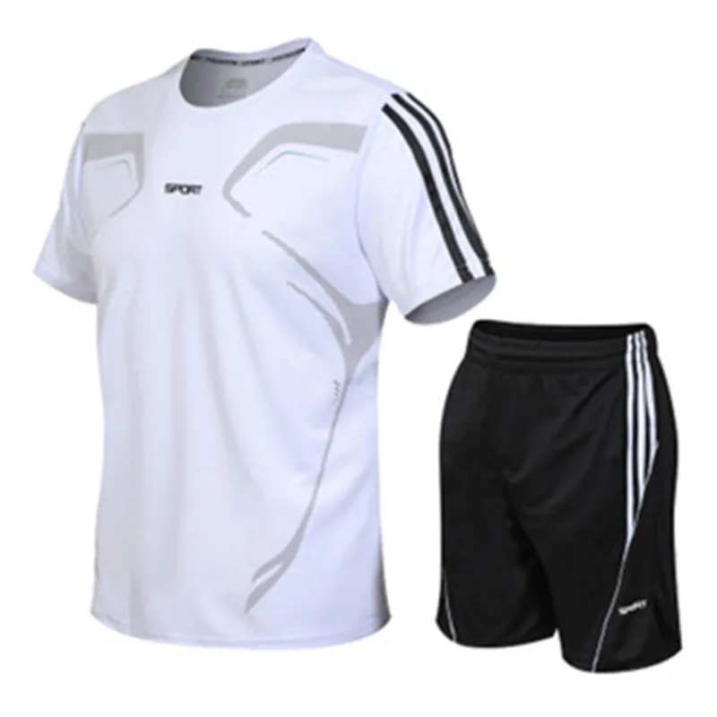 Men Plus Size Sporty Stripe Printed Short Sleeve T-shirt and Shorts Two-piece Set