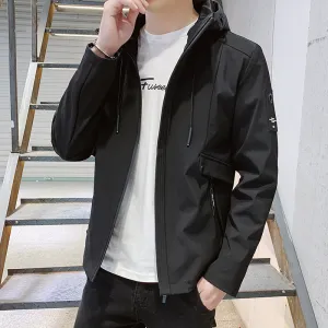 Men Plus Size Hat Rope Pocket Zipper Jacket Long Sleeve Slim Fit Casual Solid Color