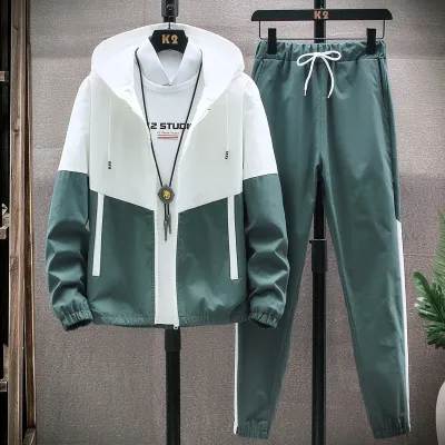 Men Plus Size Casual Long Sleeve Color Block Zipper Hoodie and Drawstring Jogger Pants Two-Piece Set