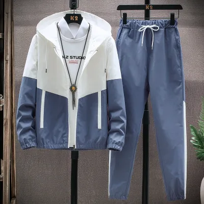 Men Plus Size Casual Long Sleeve Color Block Zipper Hoodie and Drawstring Jogger Pants Two-Piece Set