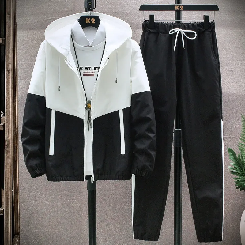 Men Plus Size Casual Long Sleeve Color Block Zipper Hoodie and Drawstring Jogger Pants Two-Piece Set