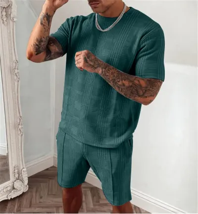 Men Basic Short Sleeve Crew Neck Plaid T-shirt And Shorts Two-piece Set