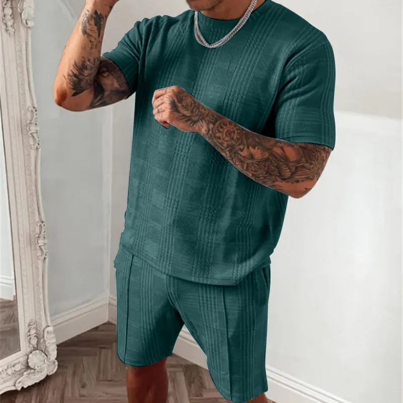 Men Basic Short Sleeve Crew Neck Plaid T-shirt And Shorts Two-piece Set