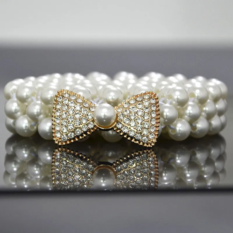 Women Chic Rhinestone Bow Imitation Pearl Dress Belt