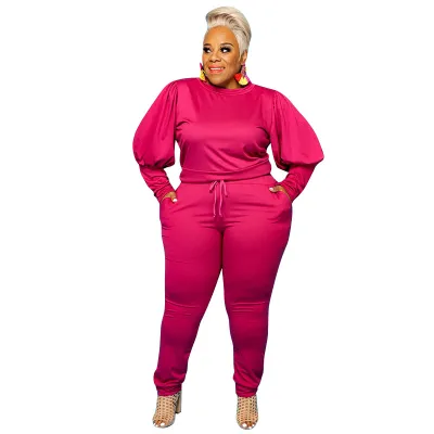 Plus Size Women Casual Solid Color Long Puff Sleeves Top And Skinny Pants Two-piece Set