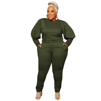 Plus Size Women Casual Solid Color Long Puff Sleeves Top And Skinny Pants Two-piece Set