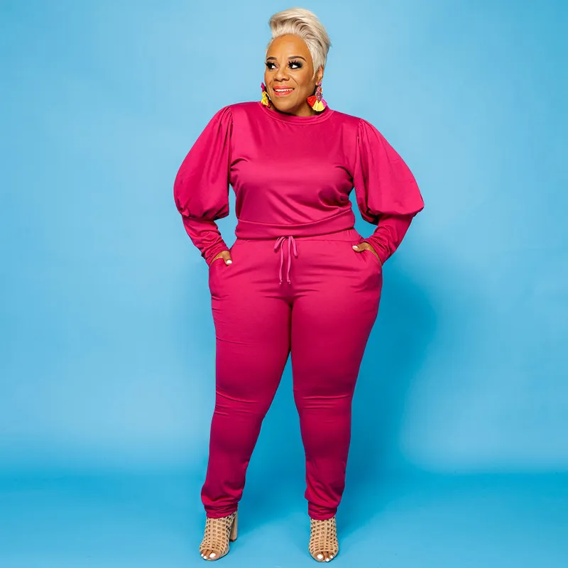 Plus Size Women Casual Solid Color Long Puff Sleeves Top And Skinny Pants Two-piece Set