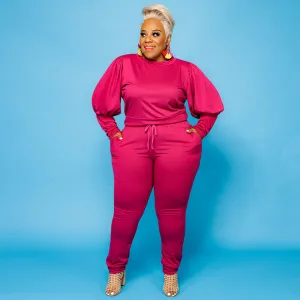 Plus Size Women Casual Solid Color Long Puff Sleeves Top And Skinny Pants Two-piece Set