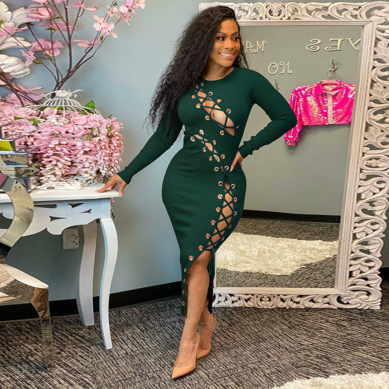 Wholesale Women Spring Elegant Lace Up Bandage Long Sleeves Bodycon Dress