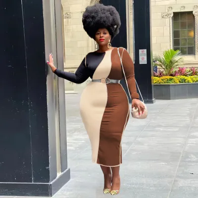 Women Spring Elegant Color Blocking Long Sleeves Plus Size Bodycon Dress