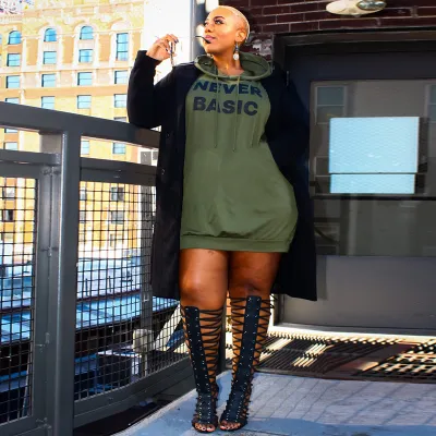 Winter Plus Size Women Casual Letter Print Long Sleeve Hooded Dress Sweatshirt