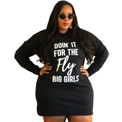 Winter Plus Size Women Casual Letter Print Long Sleeve Hooded Dress Sweatshirt