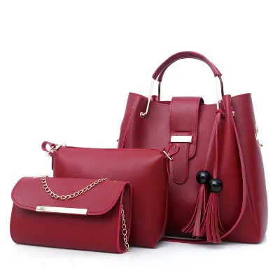 3 In 1 Women Casual Tassel Decoration Solid Color Large Capacity Shoulder Handle Bag