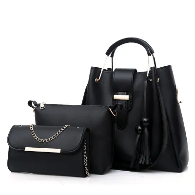 3 In 1 Women Casual Tassel Decoration Solid Color Large Capacity Shoulder Handle Bag