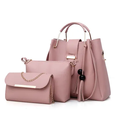3 In 1 Women Casual Tassel Decoration Solid Color Large Capacity Shoulder Handle Bag
