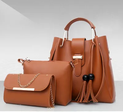 3 In 1 Women Casual Tassel Decoration Solid Color Large Capacity Shoulder Handle Bag