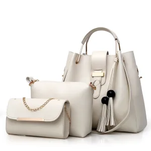 3 In 1 Women Casual Tassel Decoration Solid Color Large Capacity Shoulder Handle Bag