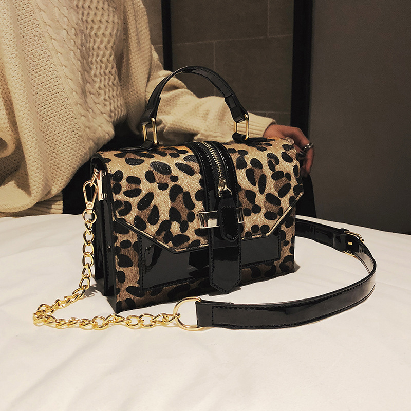 Leopard Print Women Vintage Chain Design Shoulder Handle Bag