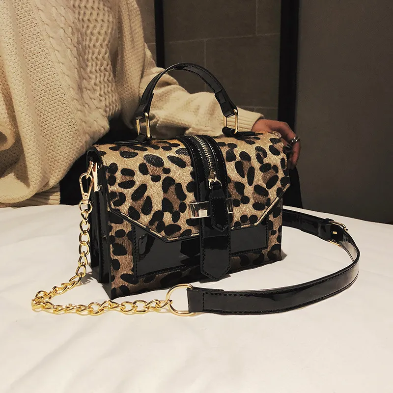 Leopard Print Women Vintage Chain Design Small Square Shoulder Handle Lock PU Bag