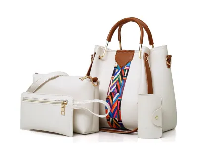 4 In 1 Women Vintage Embossing Design Solid Color Large Capacity Shoulder Handle Bag