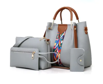 4 In 1 Women Vintage Embossing Design Solid Color Large Capacity Shoulder Handle Bag