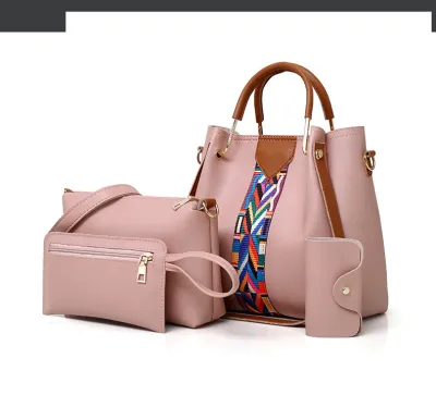 4 In 1 Women Vintage Embossing Design Solid Color Large Capacity Shoulder Handle Bag