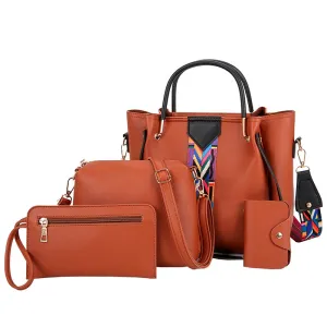 4 In 1 Women Vintage Embossing Design Solid Color Large Capacity Shoulder Handle Bag