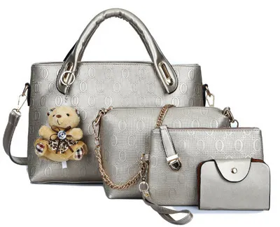 4 In 1 Women Vintage Embossing Design Solid Color Large Capacity Shoulder Handle Bag