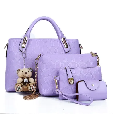 4 In 1 Women Vintage Embossing Design Solid Color Large Capacity Shoulder Handle Bag