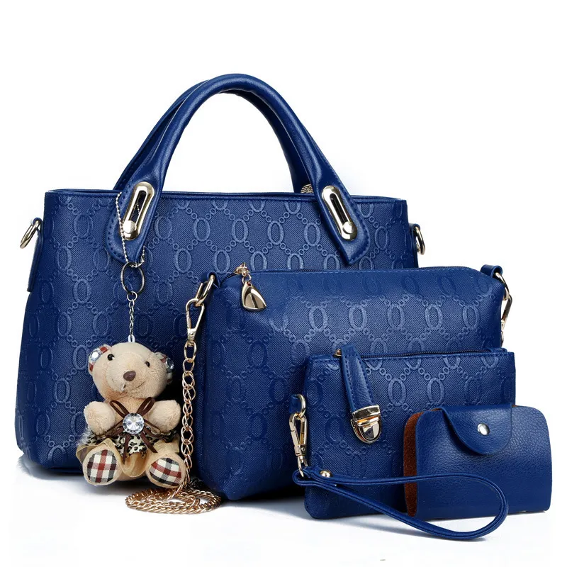 4 In 1 Women Vintage Embossing Design Solid Color Large Capacity Shoulder Handle Bag