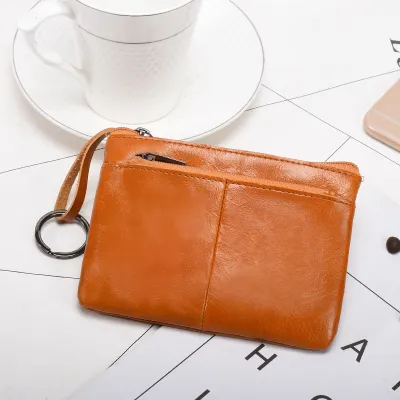 Women Vintage Zipper Genuine Leather Design Solid Color Short Wallet