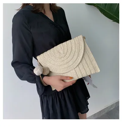 Women Pastoral Tote Bag with Pompon Design Solid Color Straw Large Capacity Woven Shoulder Handle