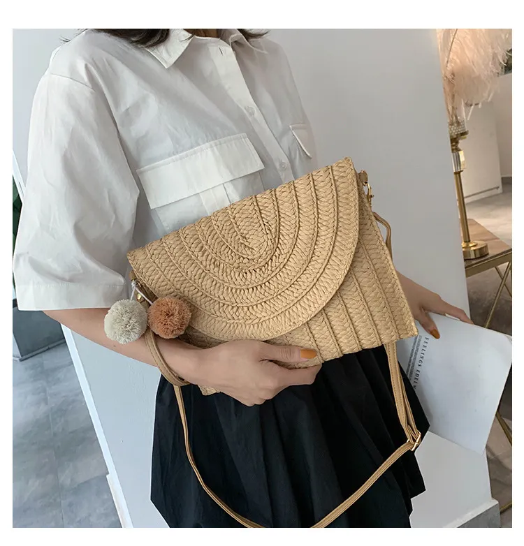 Women Pastoral Tote Bag with Pompon Design Solid Color Straw Large Capacity Woven Shoulder Handle