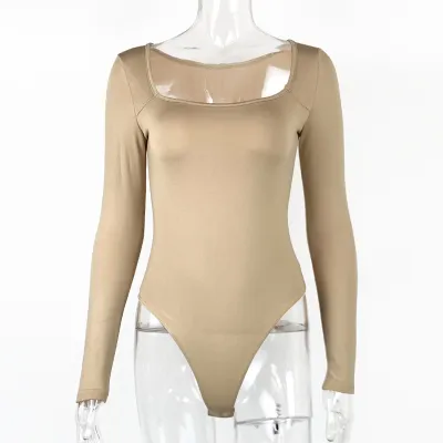 Women Basic Solid Color Long Sleeve Square Neck Bodysuit